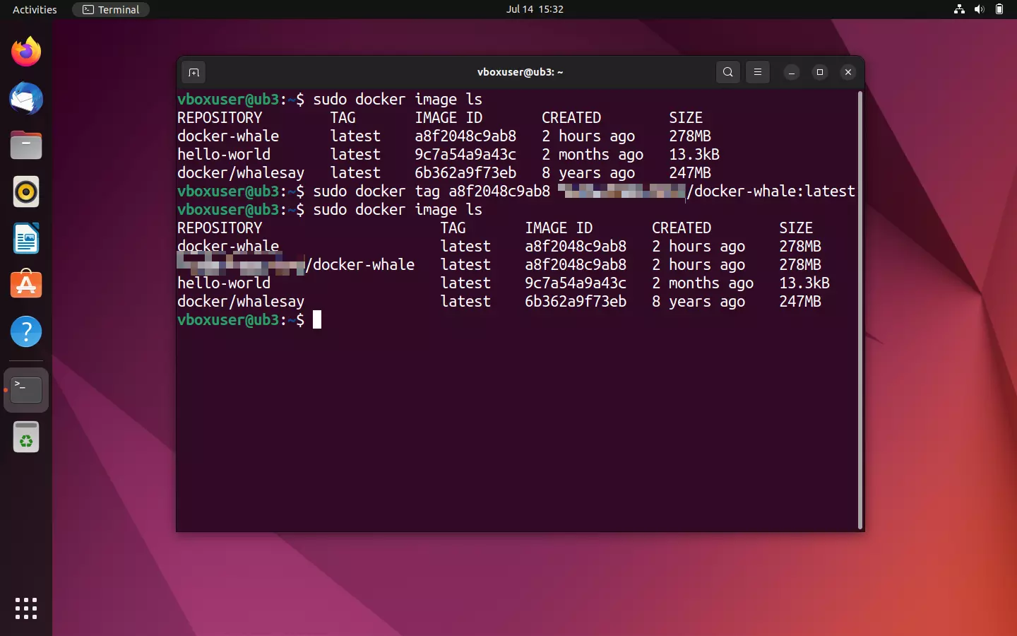 Ubuntu terminal: Image overview before and after tagging Kuva: Ubuntu terminal: Image overview before and after tagging