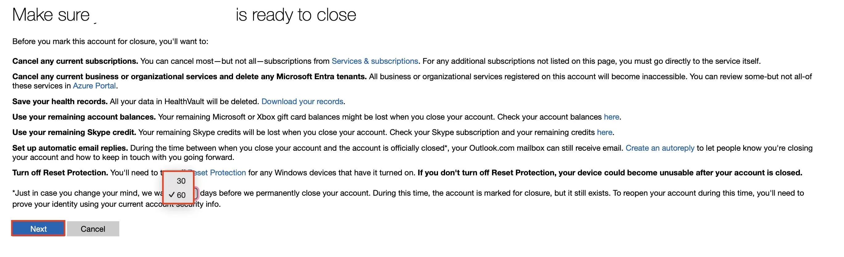 Kuva: Closing Microsoft account: Preliminary information