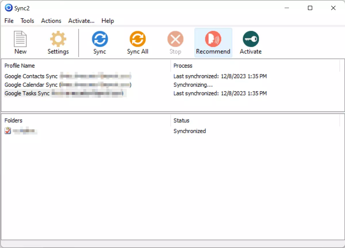 Kuva: Sync2: Overview of Google data that has been synchronised