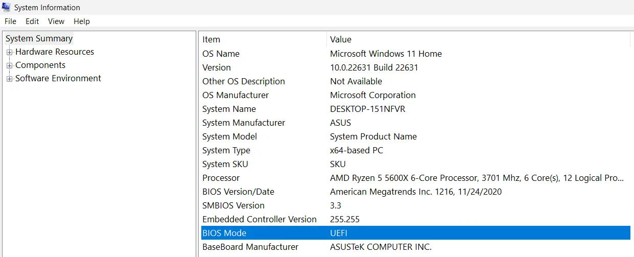 BIOS mode in the Windows 11 system overview Kuva: BIOS mode in the Windows 11 system overview