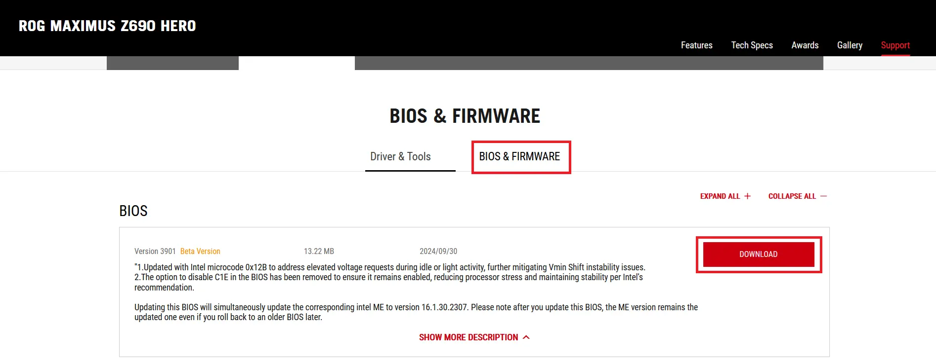 Kuva: ASUS Website: Download the current  BIOS version