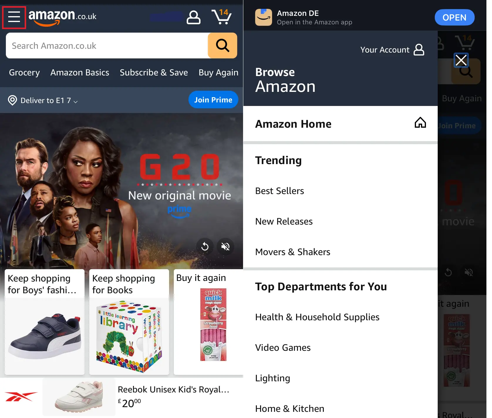 Kuva: Dropdown navigation on the Amazon website