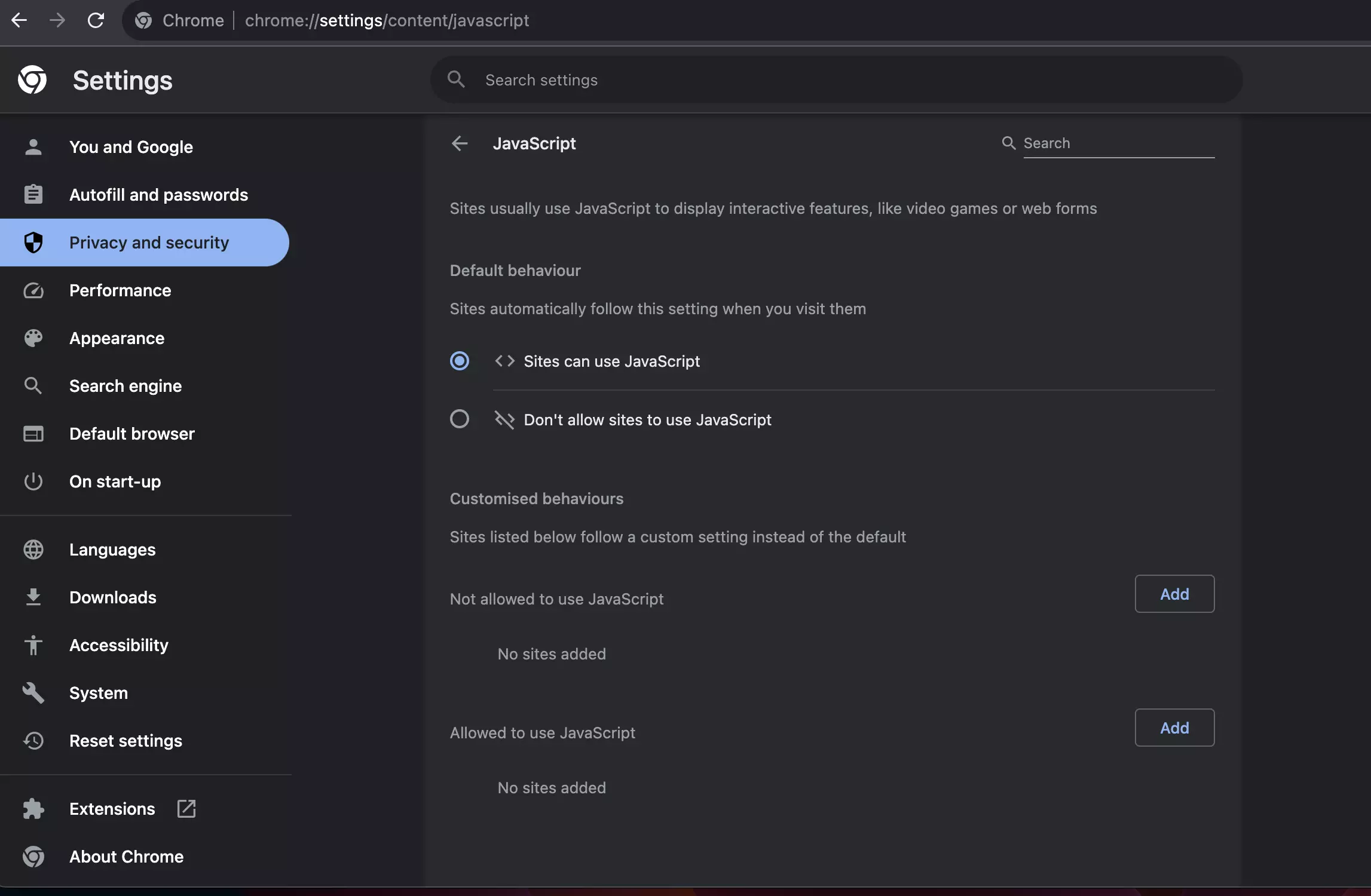 Screenshot of the privacy and security settings in Chrome Kuva: Screenshot of the privacy and security settings in Chrome