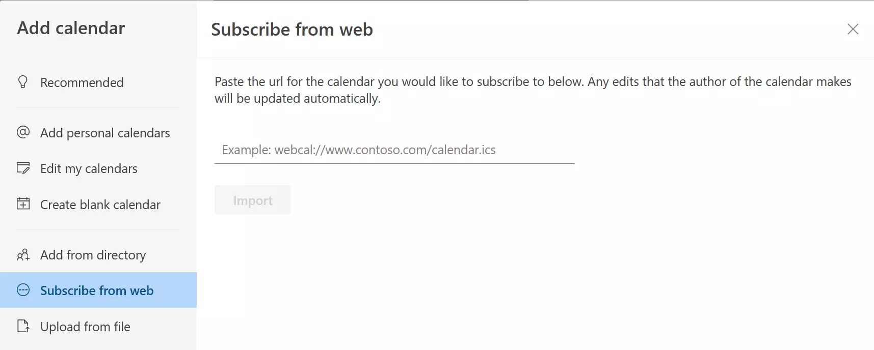 Kuva: Outlook on the web: Add a calendar via the web