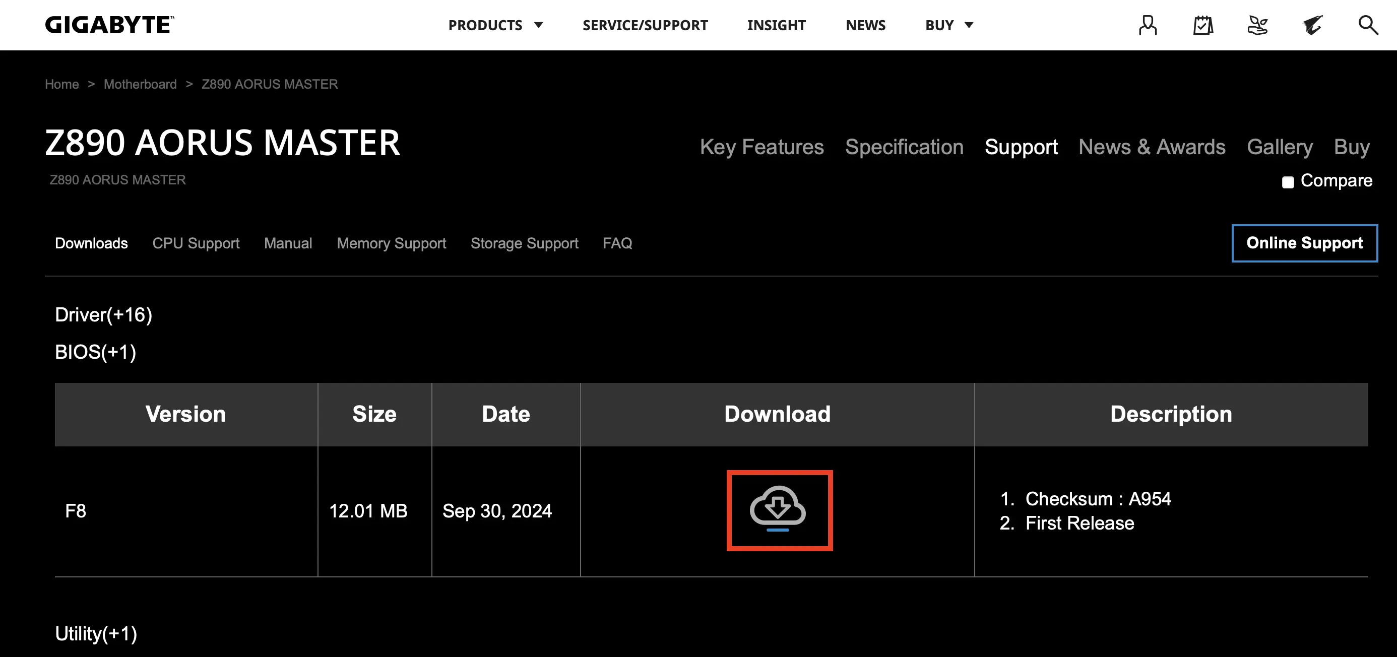 Kuva: Download the most recent BIOS version on the Gigabyte website