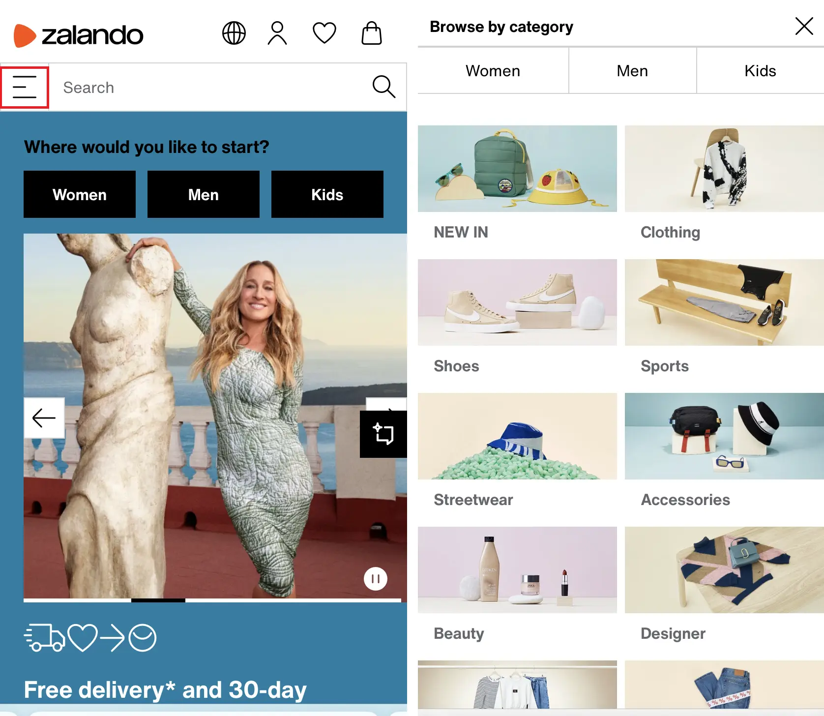 Kuva: Grid navigation in the Zalando shop