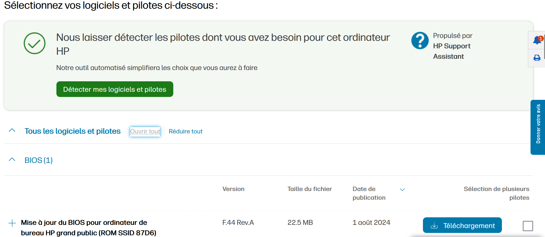 Site Web HP : choisir la mise à jour du BIOS Image: Site Web HP : choisir la mise à jour du BIOS