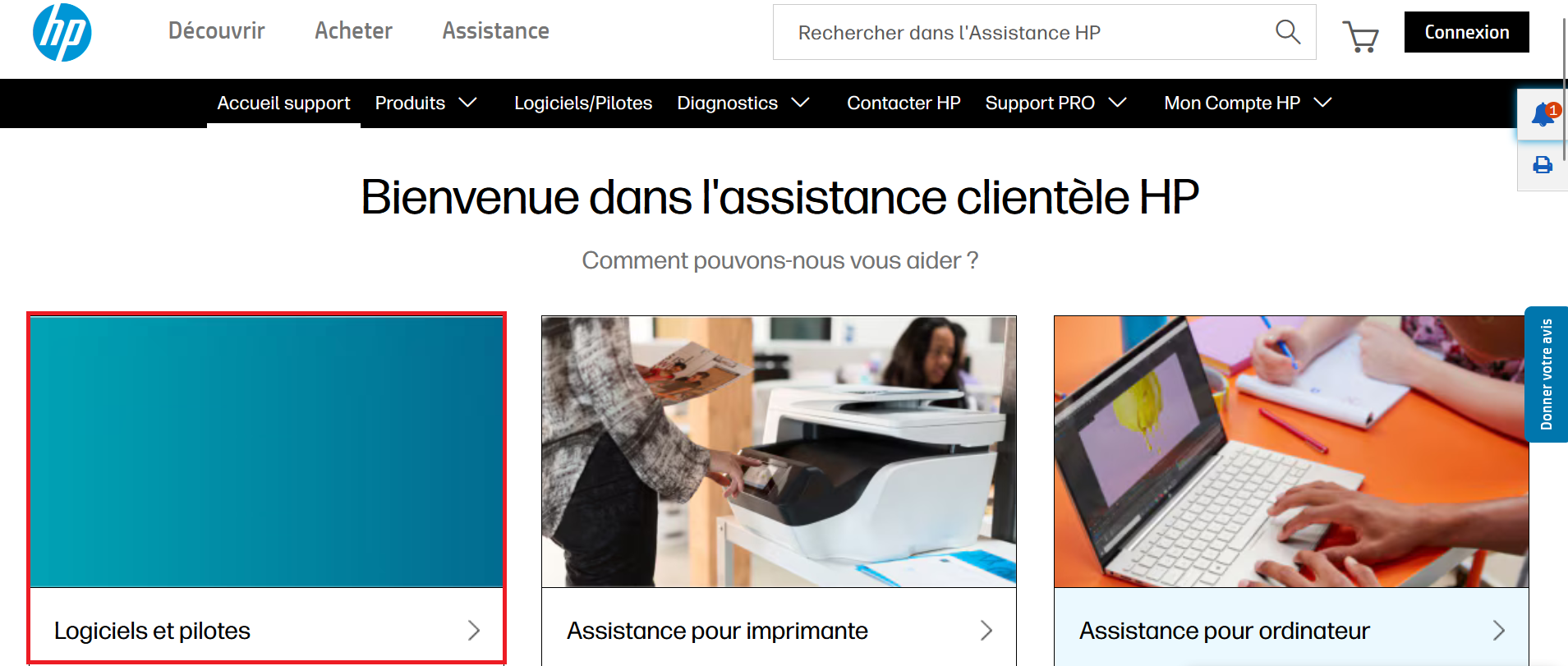 Site Web HP : « Logiciels et pilotes » Image: Site Web HP : « Logiciels et pilotes »