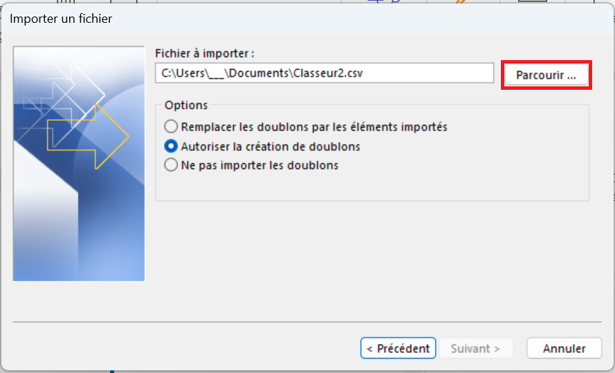 Outlook 365 : menu « Importer un fichier » Image: Outlook 365 : menu « Importer un fichier »