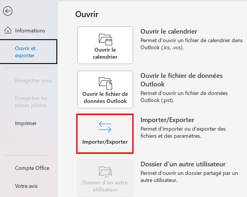 Sous-menu « Ouvrir et exporter » dans Outlook 365 Image: Sous-menu « Ouvrir et exporter » dans Outlook 365