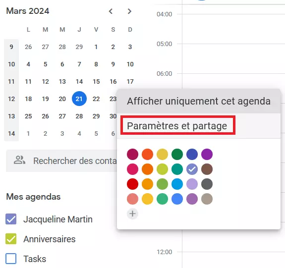 Image: Calendrier Google : menu « Paramètres et partage »