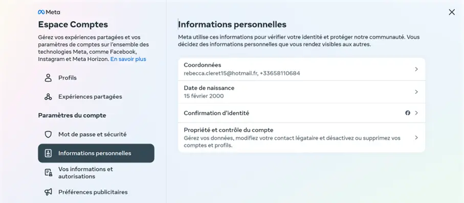 Facebook : informations personnelles Image: Facebook : informations personnelles