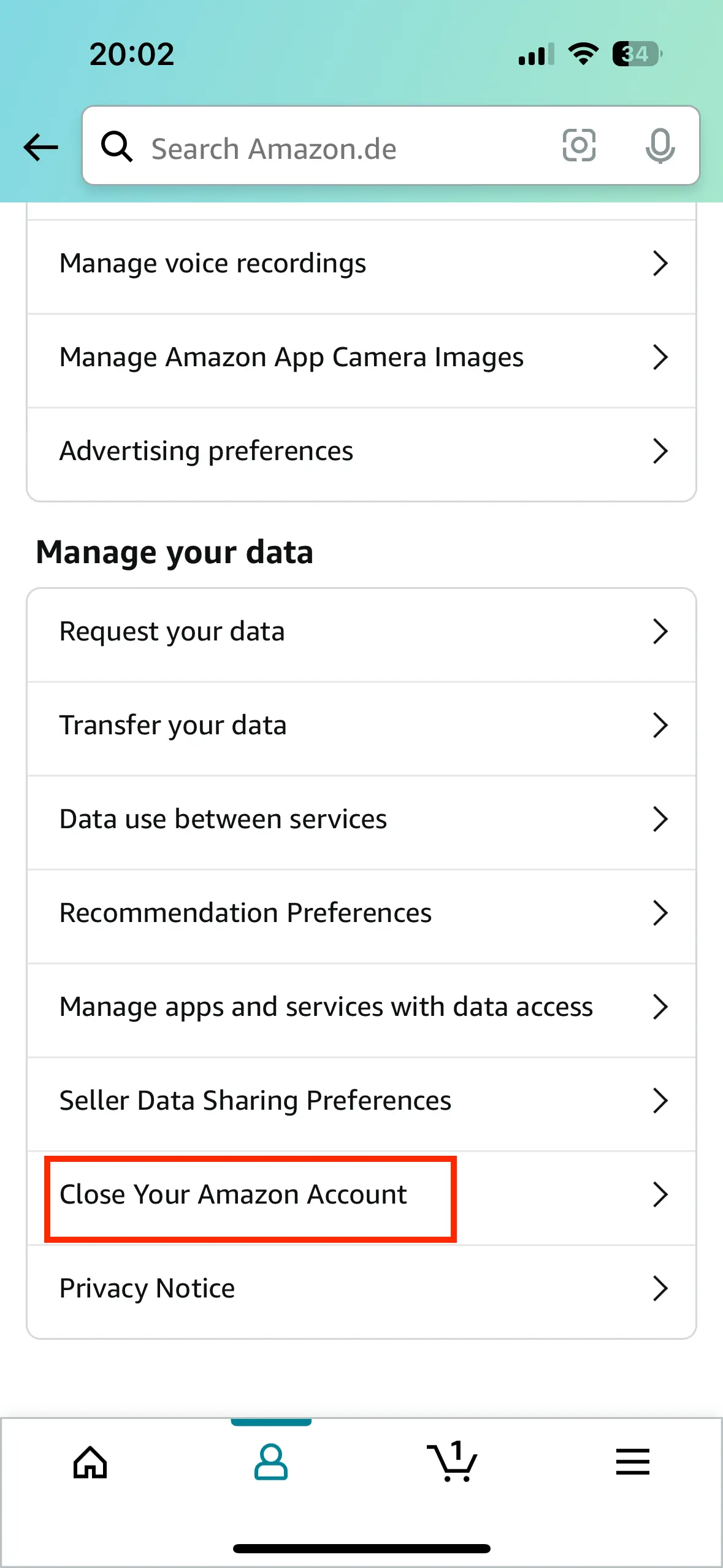 Image: Appli Amazon : menu « Gérer vos données »