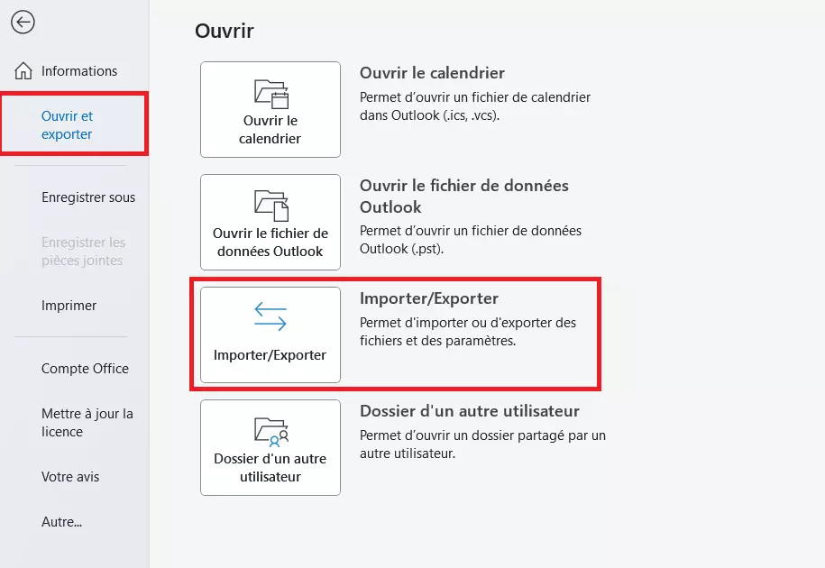 Image: Options du menu « Fichier » dans Microsoft Outlook