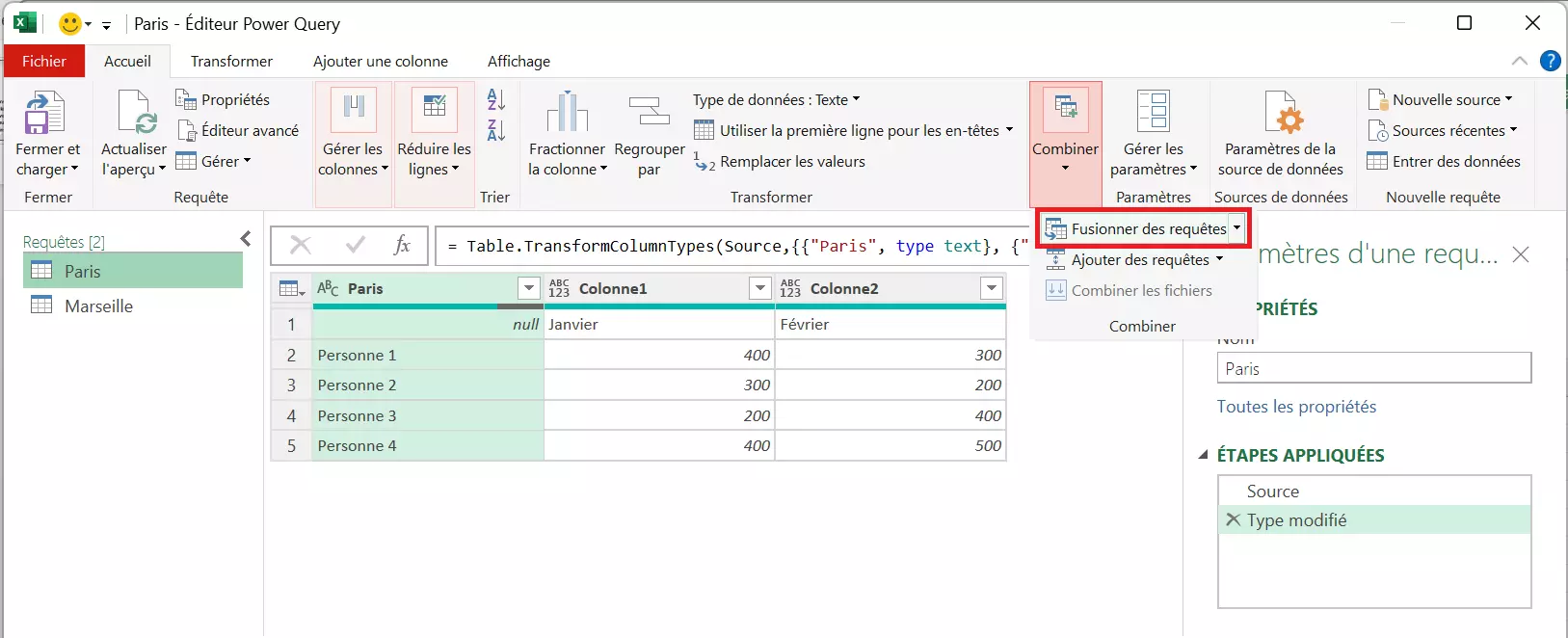 Image: Allez dans le menu sur « Combiner » et « Fusionner les requêtes »