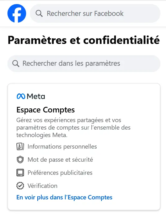 Facebook : Espace Comptes Meta Image: Facebook : Espace Comptes Meta