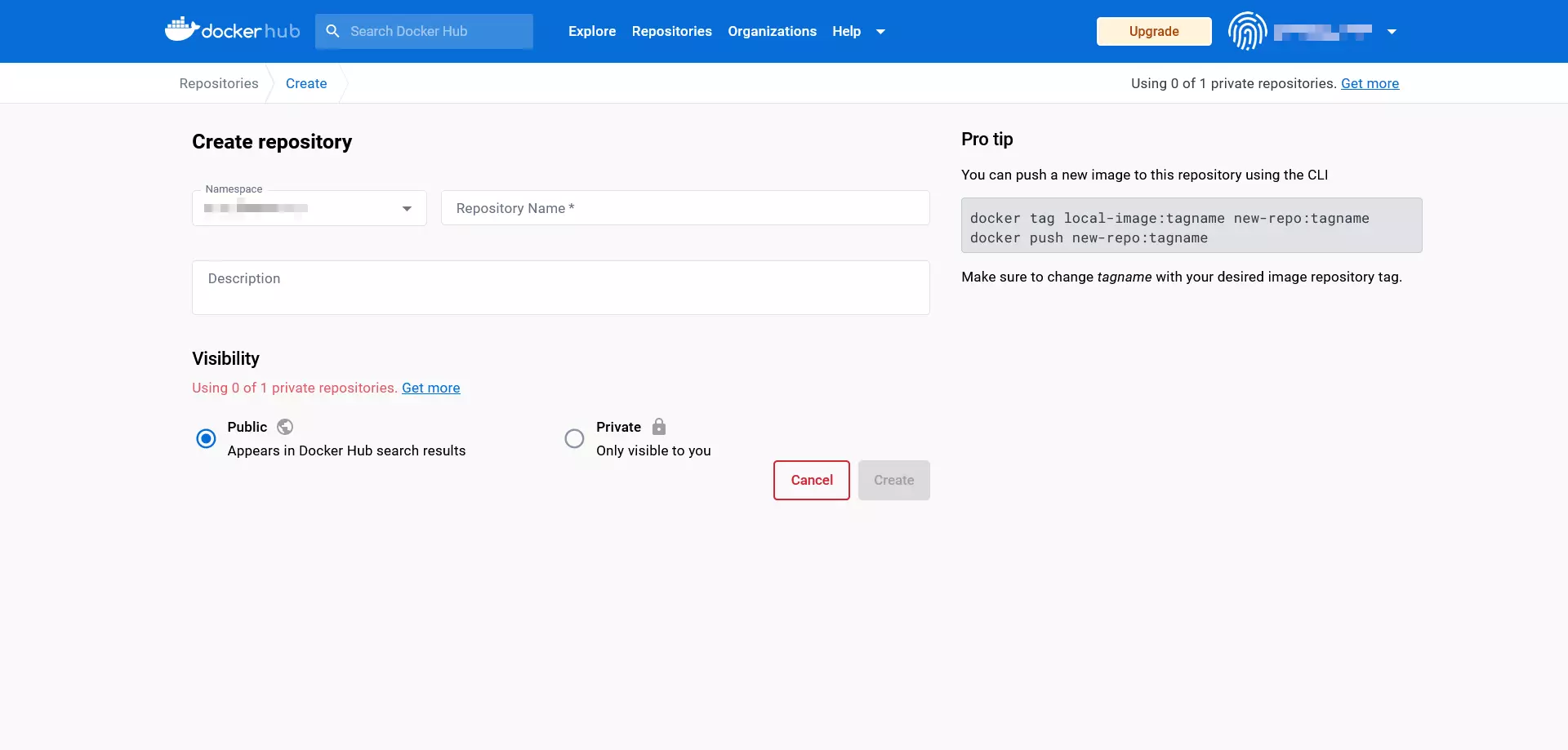 Image: Le hub Docker : fenêtre pour la création d’un référentiel