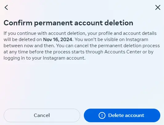 Image: Confirmer la suppression du compte