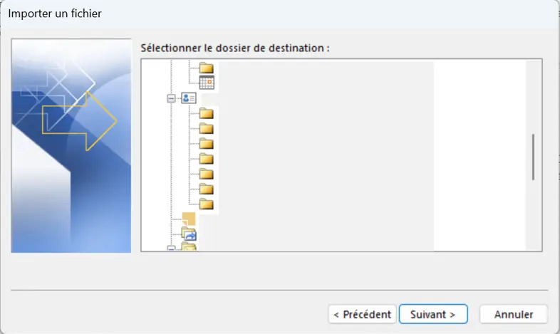 Image: Assistant d’importation/exportation dans Outlook 365 : sélection du dossier de destination de l’importation
