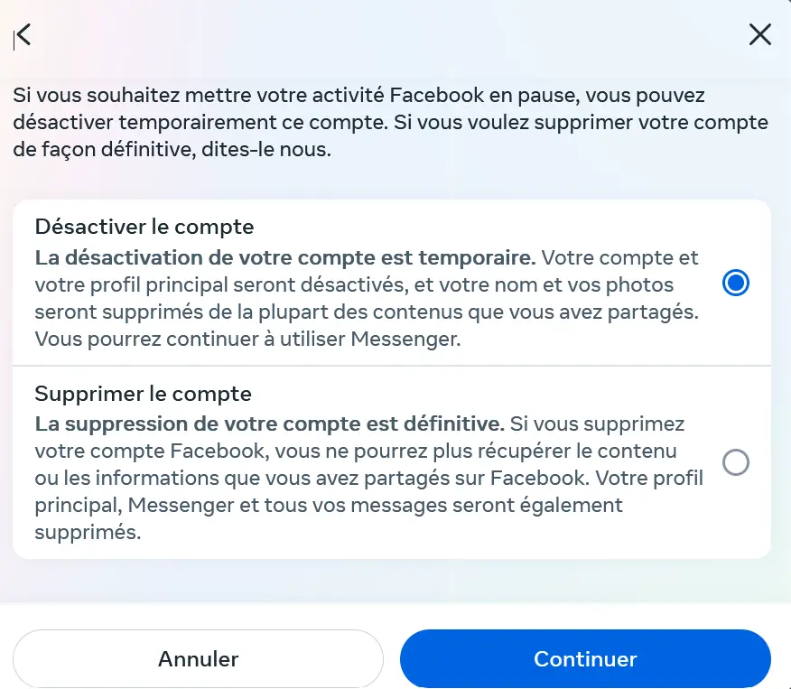 Facebook : option supprimer le compte Image: Facebook : option supprimer le compte