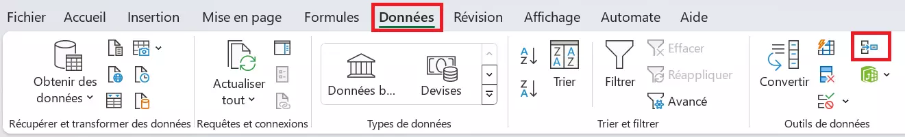 Image: Dans « Données », cliquez sur « Consolider » dans le champ « Outils de données »