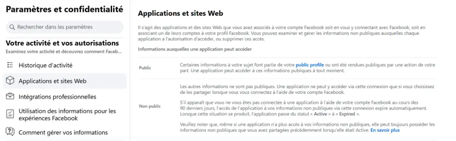 Facebook : « Applications et sites Web » Image: Facebook : « Applications et sites Web »
