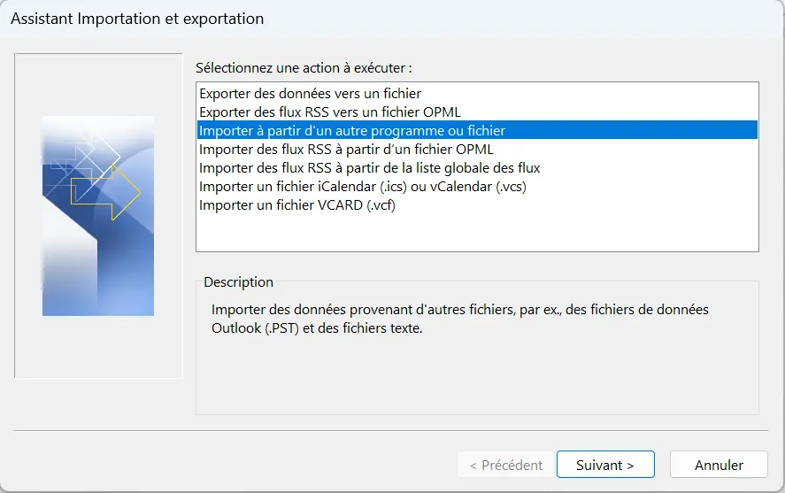 Image: Menu de démarrage de l’assistant d’importation/exportation dans Outlook 365