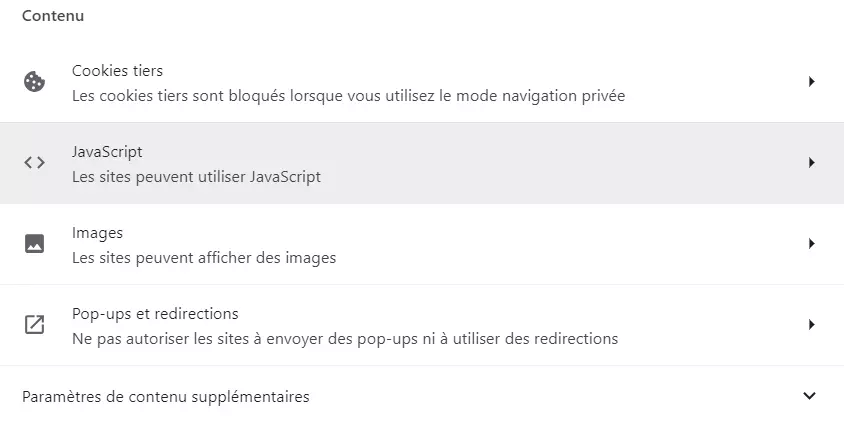 Google Chrome : paramètres de contenu Image: Google Chrome : paramètres de contenu