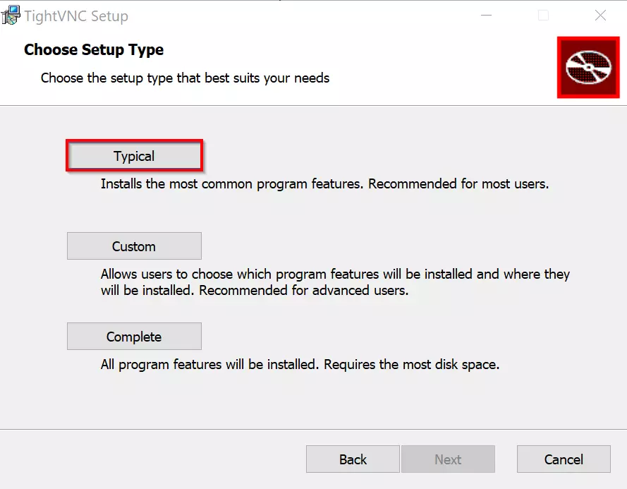 Image: installation TightVNC server