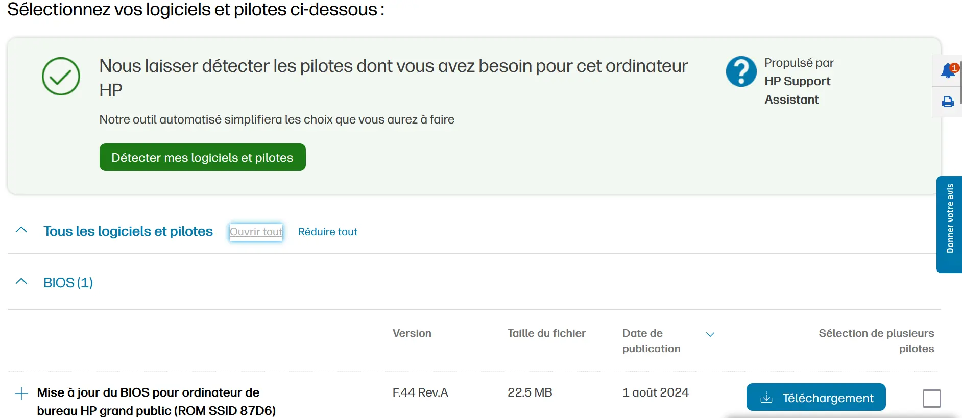 Site Web HP : choisir la mise à jour du BIOS Image: Site Web HP : choisir la mise à jour du BIOS
