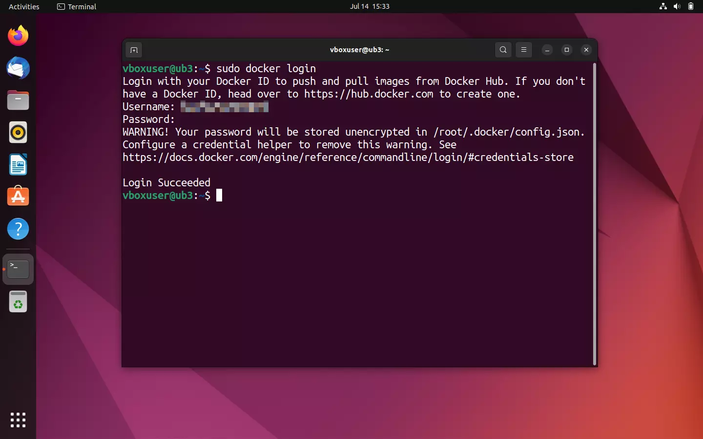 Image: Connexion au hub Docker depuis le terminal Ubuntu