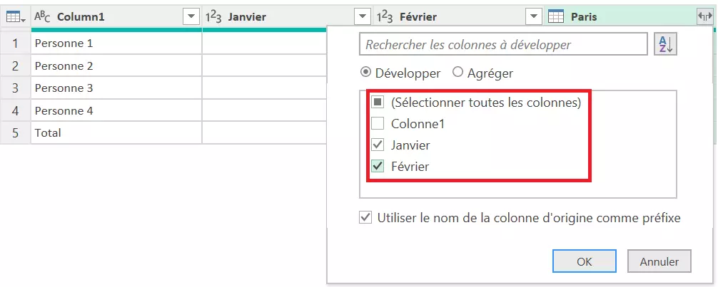 Image: Décochez la case des colonnes correspondantes