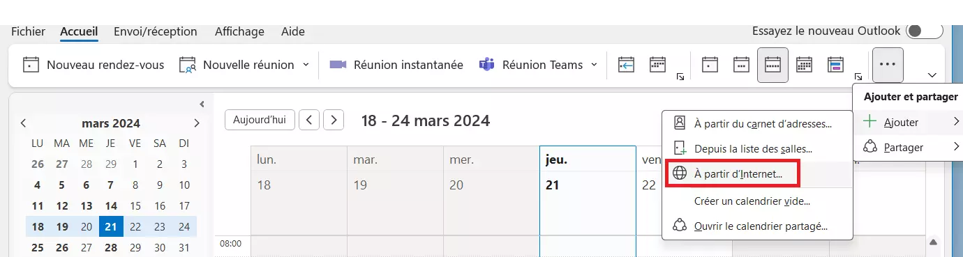 Image: Outlook : ajouter un calendrier à partir d’Internet