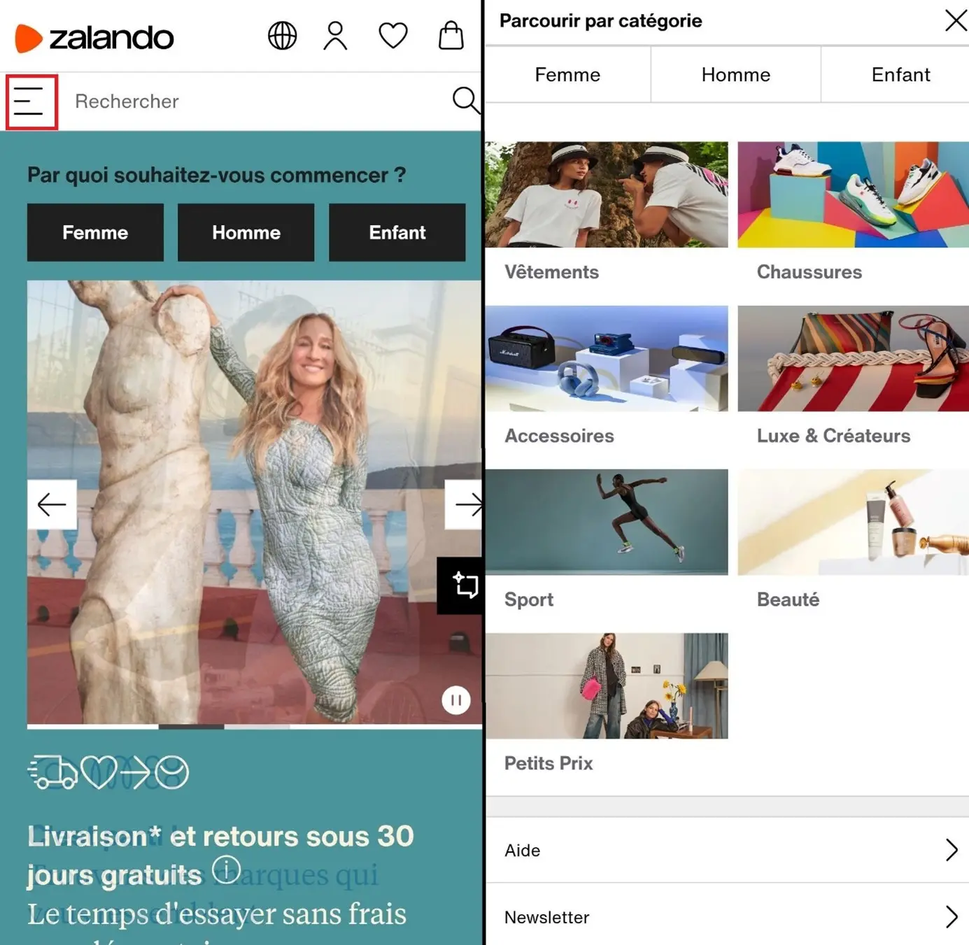 Image: Navigation par trame dans la boutique Zalando