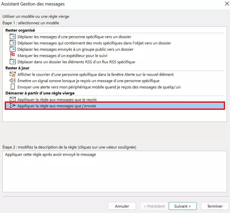 Image: Assistant Gestion des messages : créer une nouvelle règle