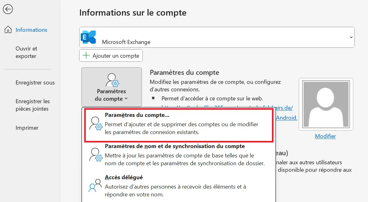 Application de bureau Outlook : informations sur le compte dans l’onglet « Fichier » Image: Application de bureau Outlook : informations sur le compte dans l’onglet « Fichier »