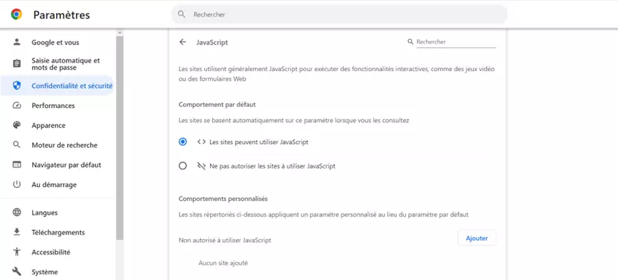 Image: Capture d’écran des paramètres de Chrome