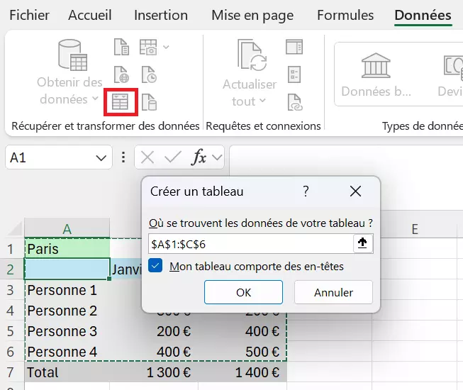 Image: Ouvrir l’éditeur Power Query via « Données » et « À partir du tableau »
