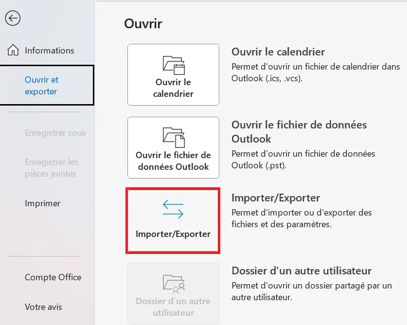 Sous-menu « Ouvrir et exporter » dans Outlook 365 Image: Sous-menu « Ouvrir et exporter » dans Outlook 365