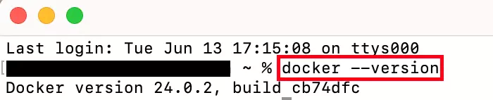 Image: Copie d’écran du terminal Mac après exécution de docker –version