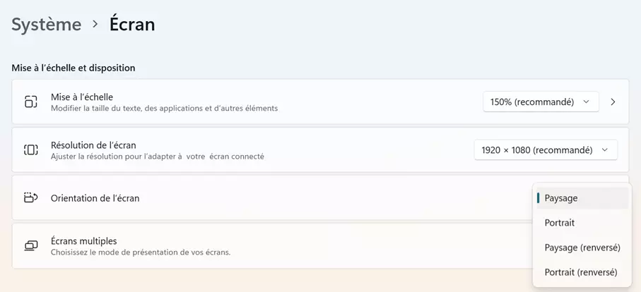 Image: Capture d’écran de l’option « Orientation de l’écran » dans Windows 11