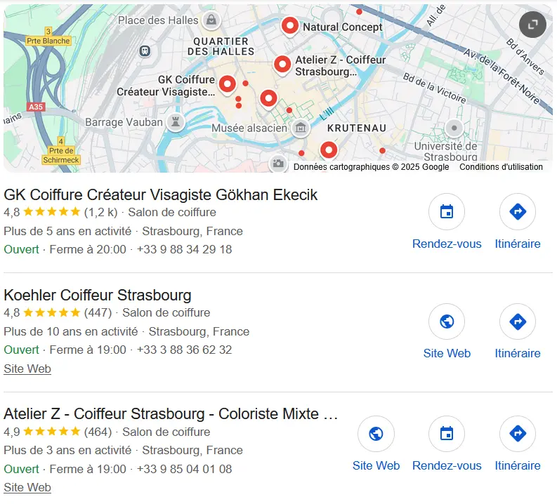 Image: Résultat de recherche locale avec les termes « coiffeur Strasourg »