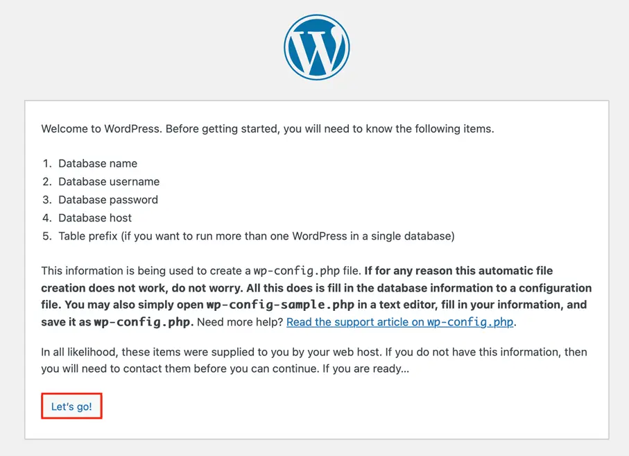 Image: Capture d’écran du message d’installation de WordPress