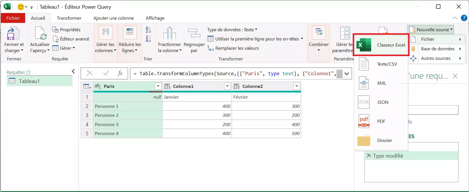 Image: Importer un tableau Excel via « Nouvelle source », « Fichier » et « Excel »