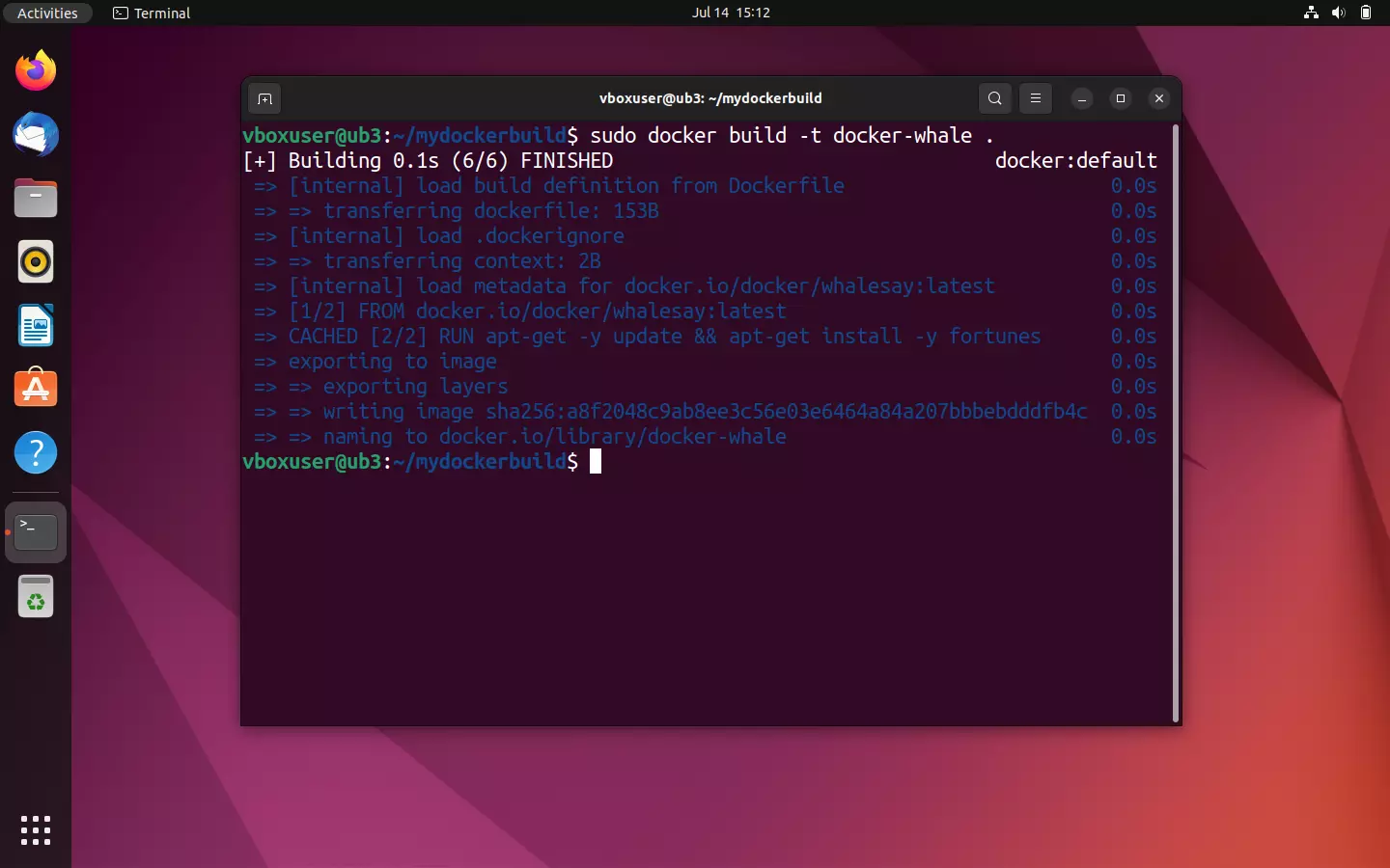 Image: Terminal Ubuntu : pendant la création de l’image Docker
