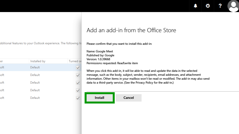 The Install button is highlighted on the Add an add-in from the Office Store confirmation window in the Outlook Web App.
