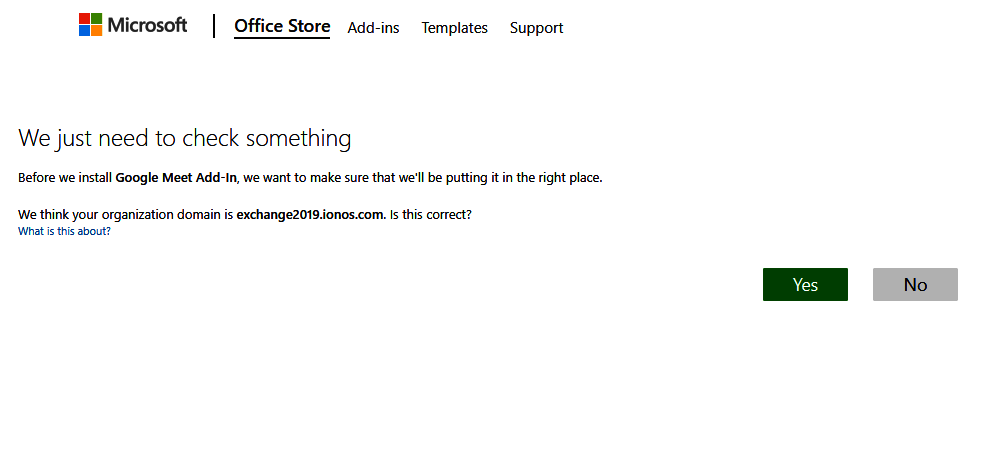 The We just need to check something page during the installation process of an add-in in the Outlook Web App.