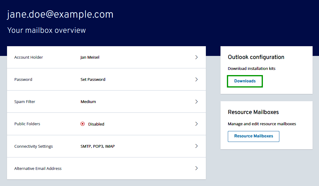 Screenshot of the Your Mailbox Overview page. On this page, the Downloads button is highlighted.