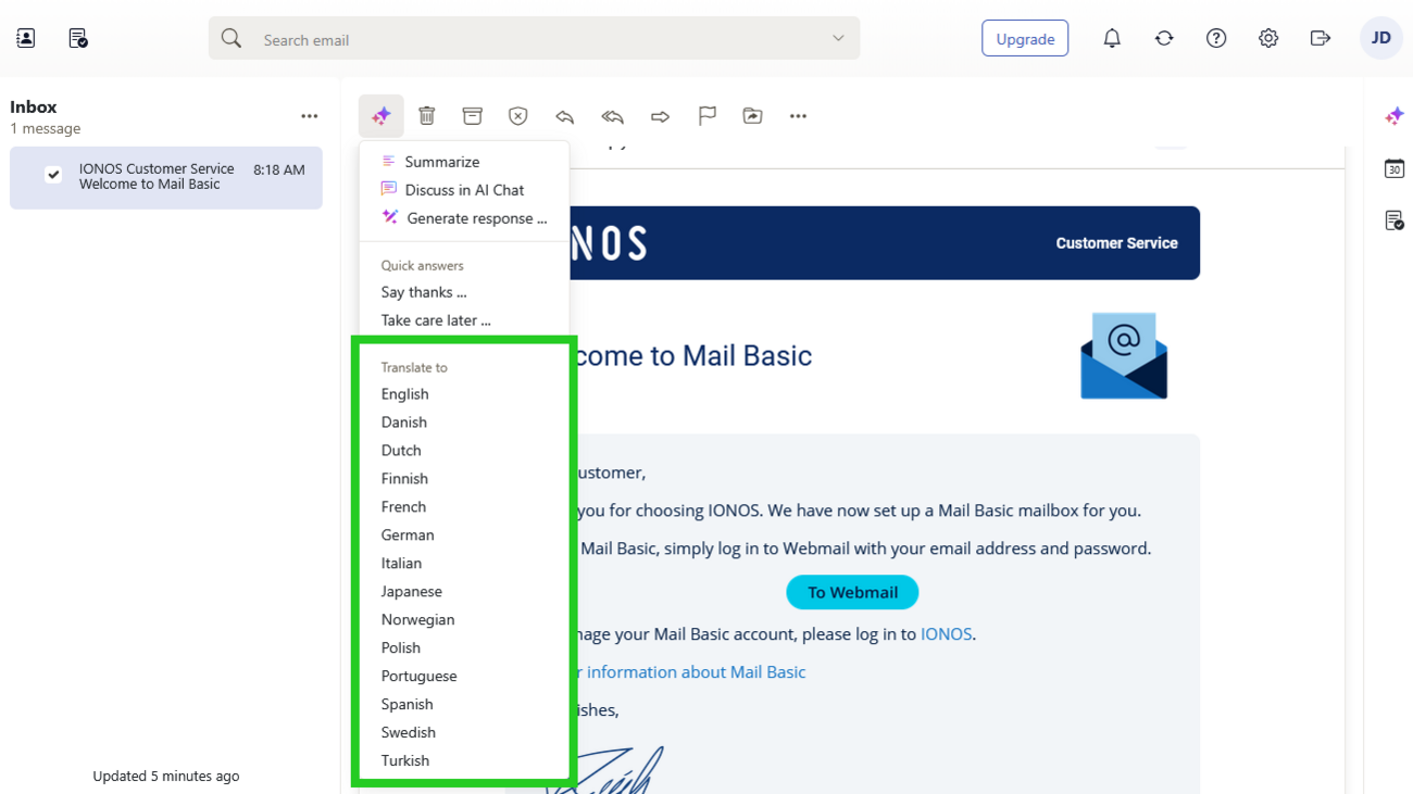 IONOS Webmail with the Translate to options highlighted within the AI menu.