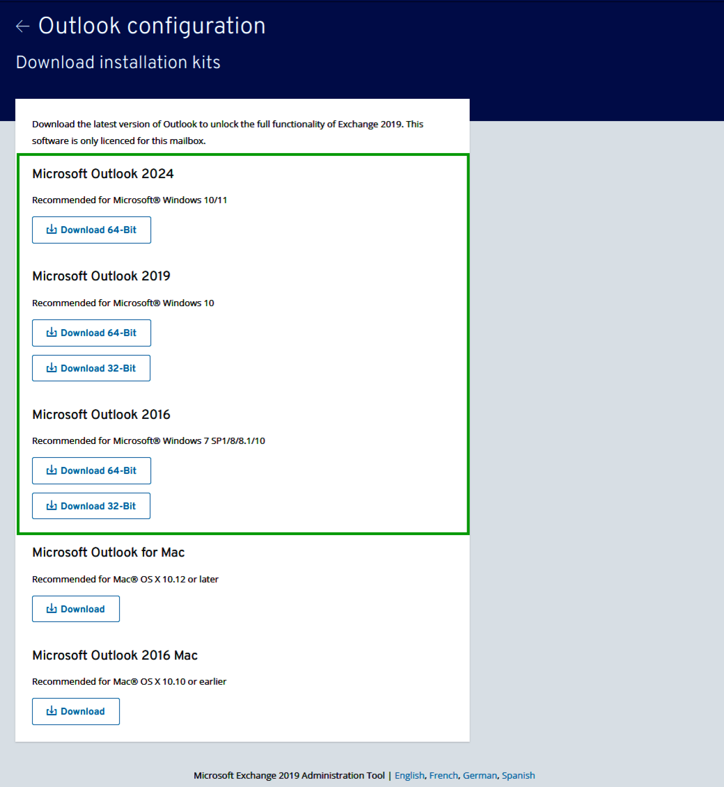 Screenshot of the Download the latest version of Outlook page showing different Outlook versions for Microsoft Windows.